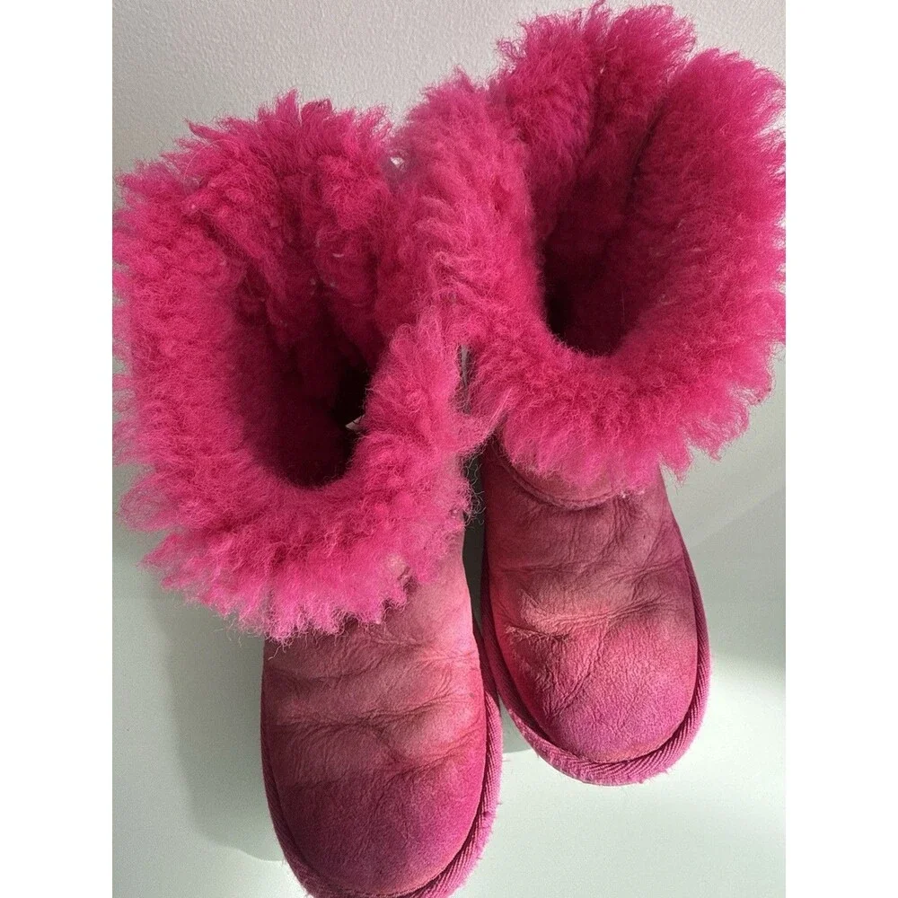✿ UGG Kids Pink Suede Shearling Bow Back Boots Winter Warm Girls Size 12 USA